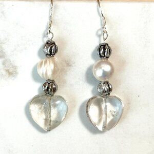 2/$20, Genuine Clear Quartz & Pearl Stone Heart Sterling Silver Earrings